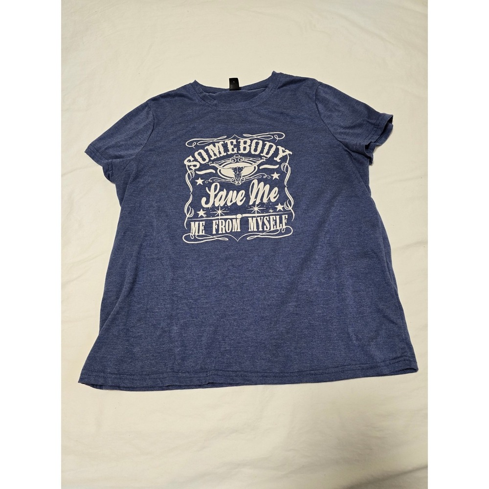 SHEIN Womens Blue Graphic T Shirt Save Me From Myself Short Sleeve Top XL /0421